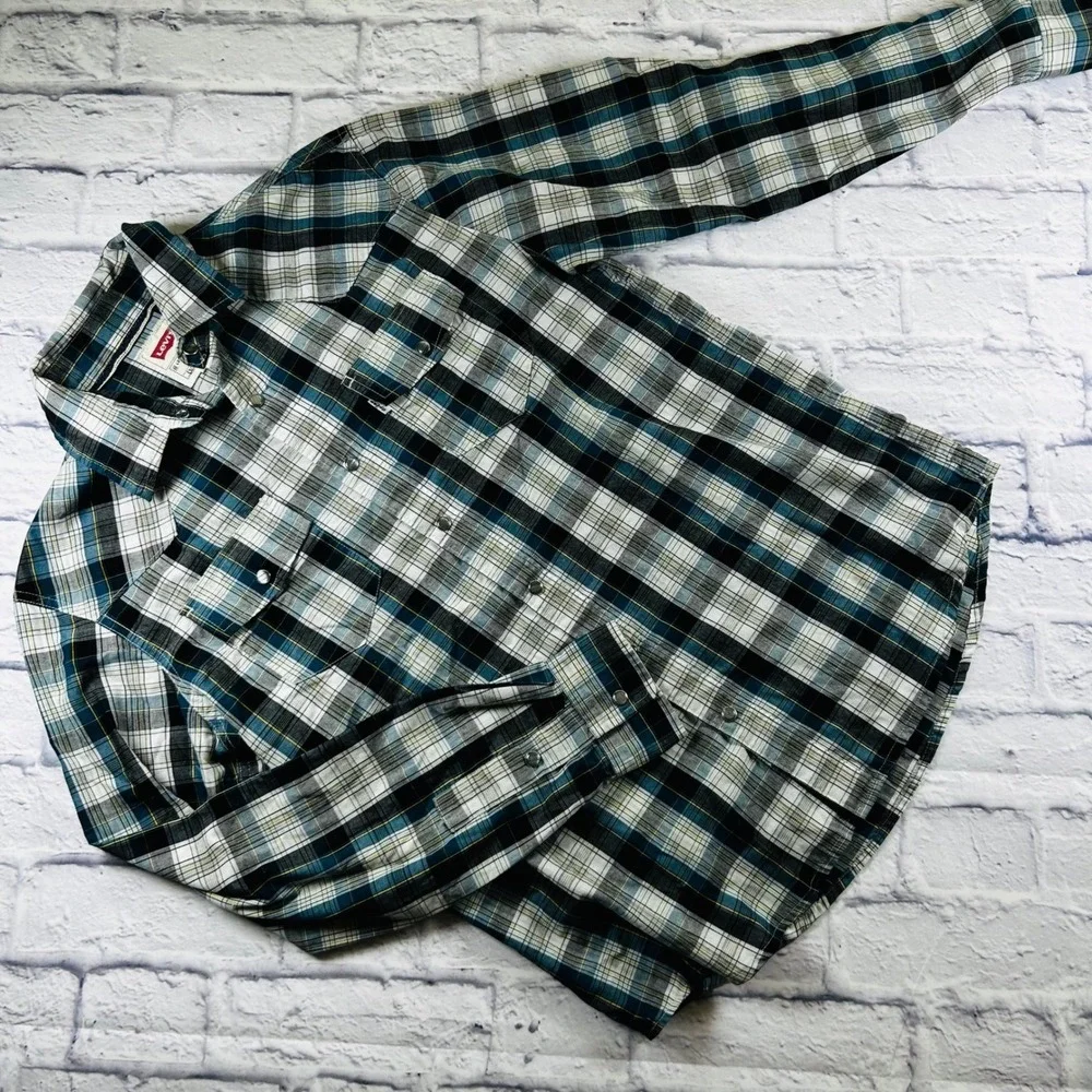 Levis Mens Small Western Pearl Snap Plaid Shirt Black Green White Long Sleeve
